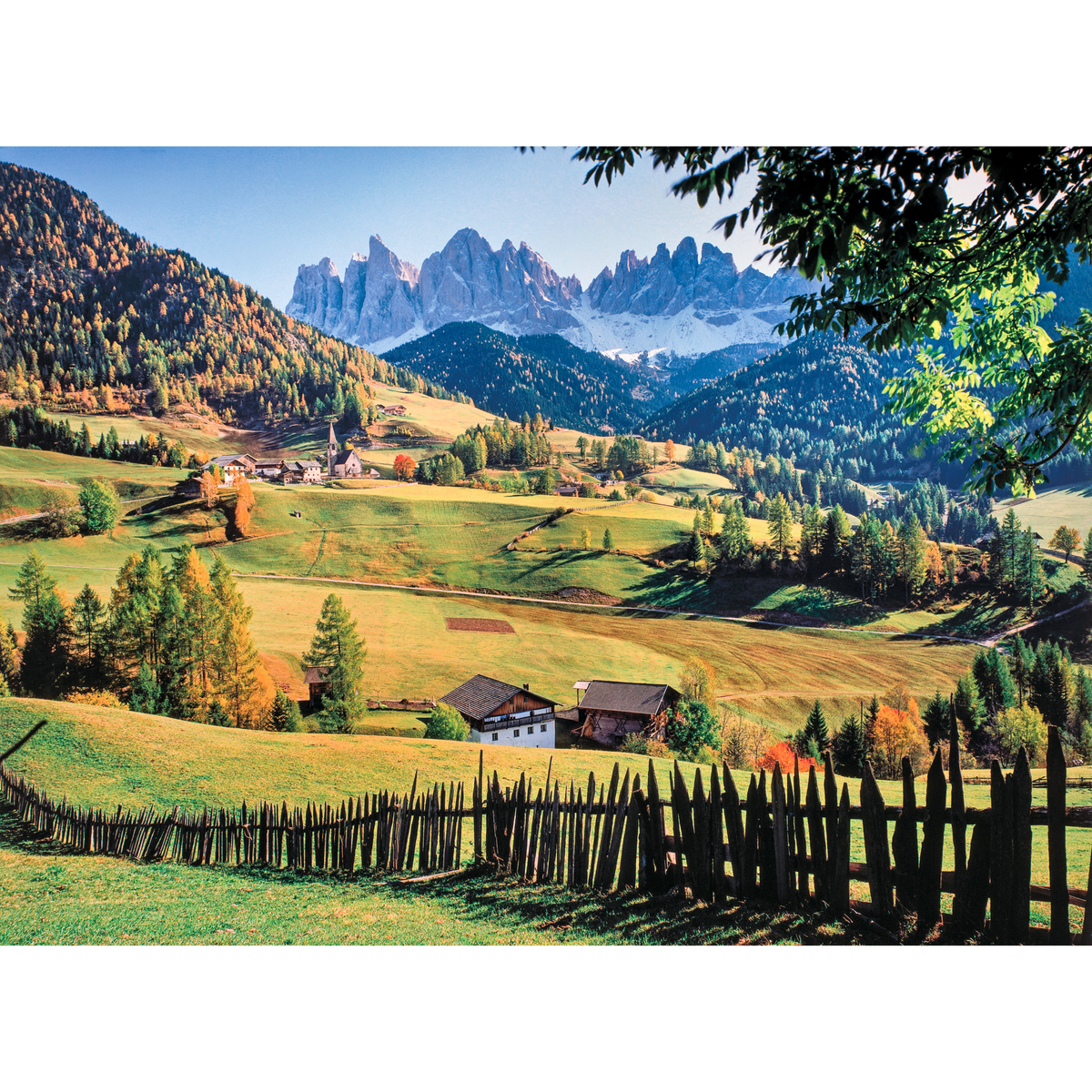 Panorama del Gruppo delle Odle nelle Dolomiti con guglie rocciose, prati verdi, boschi autunnali, masi alpini e staccionata in legno in primo piano.